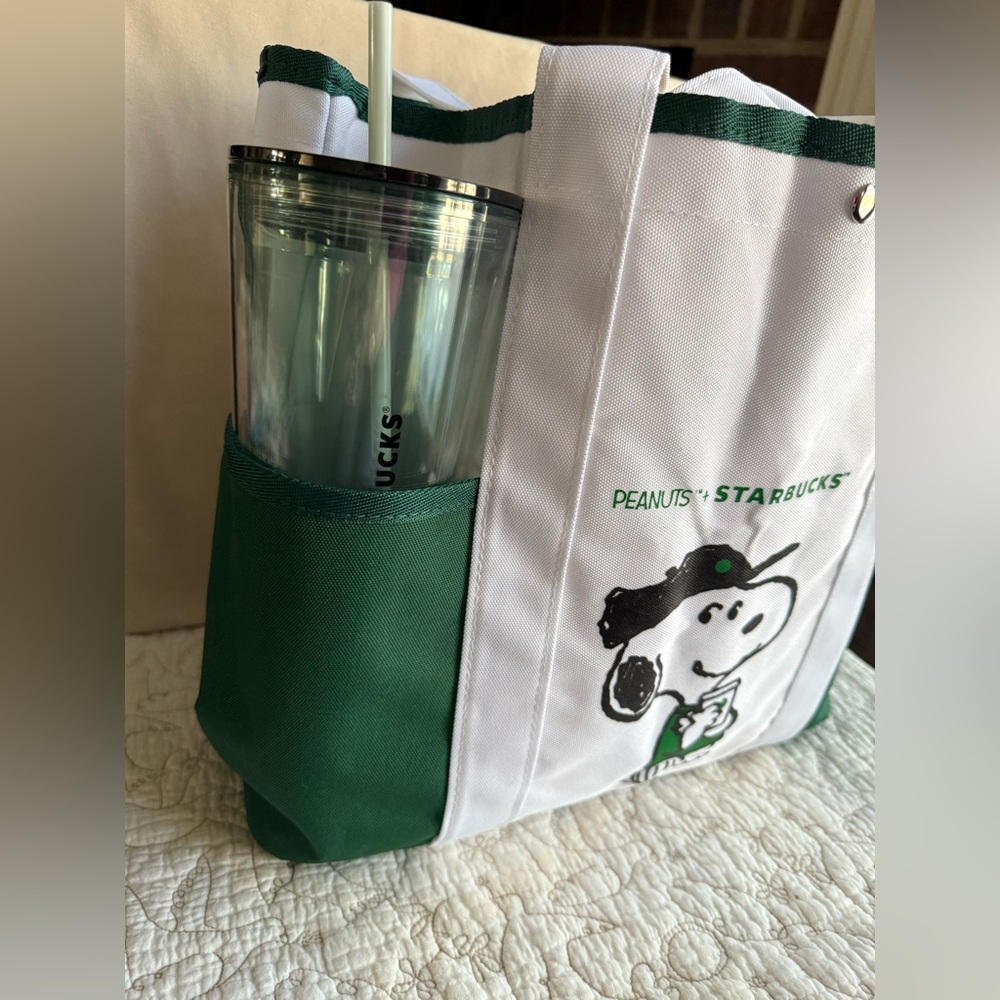 2025 New Starbucks Snoopy Tote Bag Shoulder Bag WHITE/GREEN Canvas - Picture 9 of 12